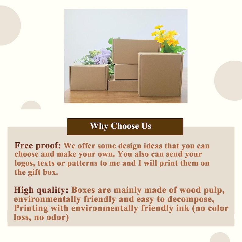 May include: Several brown cardboard gift boxes of varying sizes are arranged on a wooden surface, with flowers in the background. The text "Why Choose Us" is displayed below the boxes, along with details about the boxes' quality and design options.