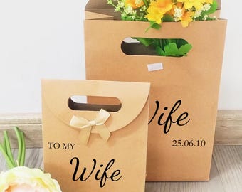 Für meine Frau Geschenktasche, mittelgroße, kleine Kraftpapier-Geschenktasche, retten Sie den Tag-Papiergeschenktasche, Hochzeit, personalisierte Wörter Geschenktasche, Band-Krawatten-Tasche
