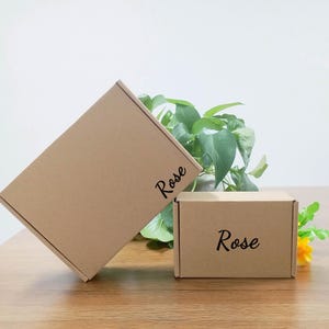 Op de afbeelding: Twee bruine kartonnen dozen van verschillende formaten, waarvan één gekanteld, met de naam "Rose" in zwart script op elk. De dozen staan op een houten oppervlak, met groene bladeren op de achtergrond.