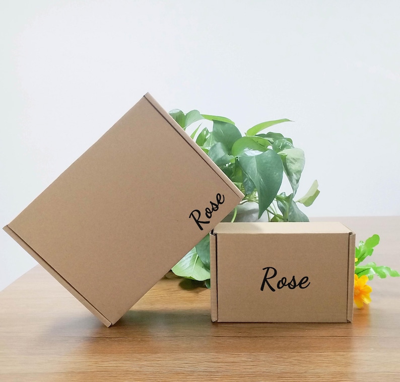 May include: Two brown cardboard boxes of different sizes, one tilted, with the name "Rose" printed in black script on each. The boxes are on a wooden surface, with green foliage in the background.