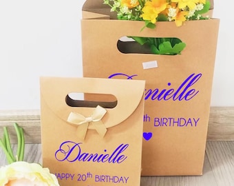 Sac-cadeau en papier pour 20e anniversaire, Moyen, petit, Sac-cadeau en papier kraft brun écologique, Sac cadeau de joyeux anniversaire, Sac à ruban, à personnaliser