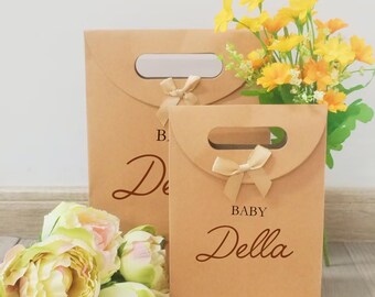 Kraft-Babypartytaschen, Baby Nachname Geschenktasche, Mittelgroß, klein Kraftpapier Geschenktasche, Geschenktasche für Jungen und Mädchen, personalisierte Favor Taschen