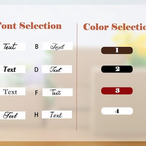 May include: A graphic showing font and color selections. The left side displays eight font options labeled A through H, each with a sample text. The right side presents four color choices, numbered 1 through 4, with corresponding color swatches.