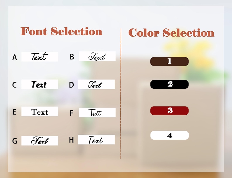 May include: A graphic showing font and color selections. The left side displays eight font options labeled A through H, each with a sample text. The right side presents four color choices, numbered 1 through 4, with corresponding color swatches.