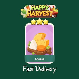May include: A digital game card titled Happy Harvest featuring a cartoon illustration of various cheeses on a wooden board. The card displays three yellow stars at the top, a purple background, and the text Cheese at the bottom with Fast Delivery.