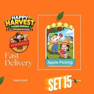 May include: A digital game card titled Apple Picking featuring two cartoon characters harvesting apples in an orchard with a barn in the background. The card has five yellow stars at the top and is set against an orange background with the text Happy Harvest, Monopoly Go Cards, Fast Delivery, Rebornpoll, and Set 15.