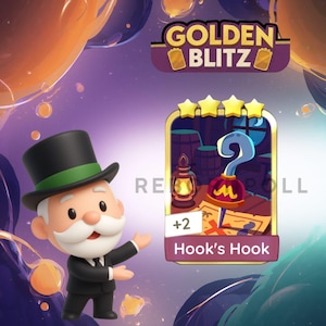 May include: A cartoon image featuring a character in a black suit and top hat, pointing towards a game card. The card displays a hook, a lantern, and the text "Hook's Hook" with a "+2" indicator, all set against a treasure map background.