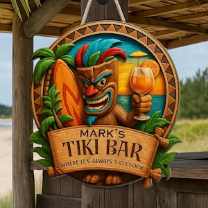 Personalized Tiki Bar Sign: Tropical Wood Decor