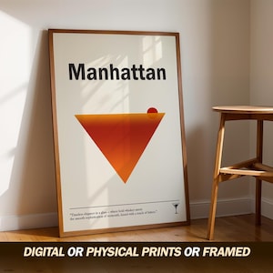 Póster de cóctel Manhattan, arte minimalista de bebidas, decoración moderna de pared para bar, impresión de whisky audaz, diseño elegante, regalo único, arte sofisticado