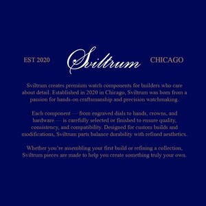 May include: A navy blue background with the white text "EST 2020", "Sviltrum", and "CHICAGO". The text describes premium watch components for builders, established in Chicago in 2020.