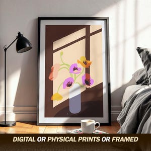 Arte de pared con jarrones florales, póster minimalista de flores, impresión botánica suave, decoración acogedora con luz de ventana, arte estético cálido, impresión moderna para el hogar.