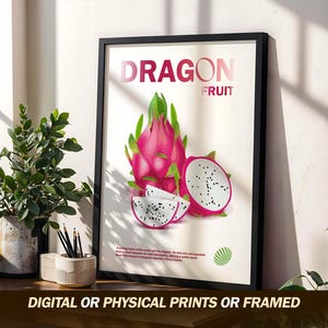 Poster fruit du dragon, art mural tropical exotique, impression de cuisine audacieuse, décoration de fruits vibrants, pop art rose vert, illustration de gourmands frais