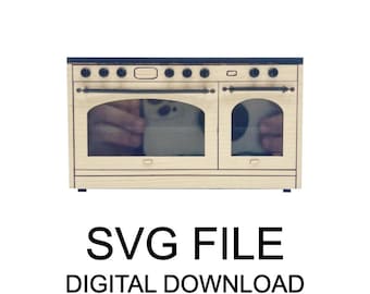 May include: A miniature wooden kitchen stove with a light wood finish and black accents. The stove features two oven doors with glass windows and several burner knobs. The text "SVG FILE DIGITAL DOWNLOAD" is displayed below the stove.