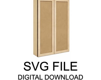 May include: A light brown cabinet with two doors. The cabinet has a rectangular shape with a light brown frame and a darker brown interior. The text "SVG FILE DIGITAL DOWNLOAD" is displayed in black below the cabinet.