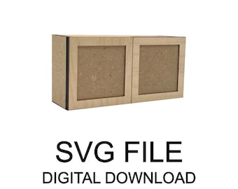 May include: A light-colored wooden cabinet with two square doors. The cabinet has a natural wood grain finish and a dark border. The text "SVG FILE DIGITAL DOWNLOAD" is displayed below the cabinet.