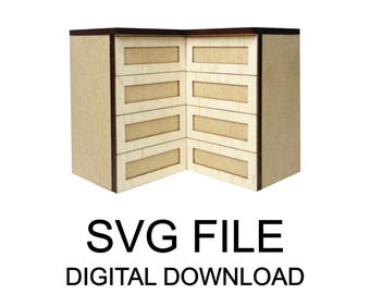 May include: A corner cabinet model made of light brown wood with a dark brown top. The cabinet has multiple drawers with light-colored fronts. The text "SVG FILE DIGITAL DOWNLOAD" is displayed below the cabinet.