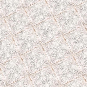 May include: A seamless pattern of white tiles with a delicate, intricate floral design. The tiles are arranged in a repeating pattern, creating a subtle and elegant background.
