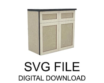 May include: A miniature cabinet with two doors and two upper drawers, constructed from light brown wood. The top and trim are dark brown. The text "SVG FILE DIGITAL DOWNLOAD" is displayed below the cabinet.