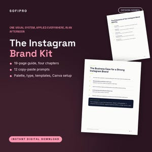 May include: A digital guide titled The Instagram Brand Kit by SOFIPRO, featuring a 19-page guide with four chapters, 12 copy-paste prompts, and Canva setup instructions. The document includes pages on the 5 Elements of Your Instagram Brand Identity.
