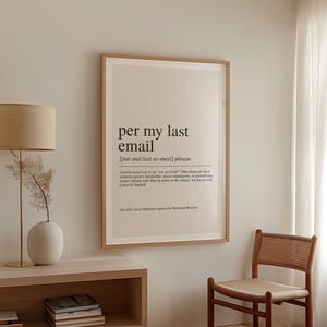 a framed definition of an email, which is a professional way to say "I want to communicate with you". The definition states that a professional email should be used to ask questions, provide updates, or express feelings, and it should be polite and considerate. The email should be sent and received in a timely manner, and it should be easily understood by the recipient.
