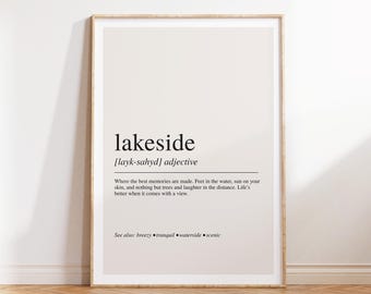 Stampa con definizione di lago, poster con tipografia minimalista, decorazione per la casa sul lungomare, arte murale per cottage costiero