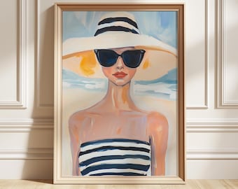 Striped Swimsuit Woman Art Print, Minimalist Beach Fashion Portrait, Gouache Summer Wall Decor
