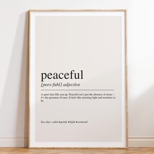 Peaceful Definition Print, Minimal Typography Poster, Calm Home Decor, Serenity Wall Art