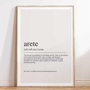 Arete Definition Print, Greek Word Wall Art, Inspirational Typography Poster