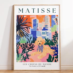 Stampa artistica di un barboncino, stampa murale ispirata a Matisse con skyline di New York, forme astratte, decorazioni massimaliste, design colorato