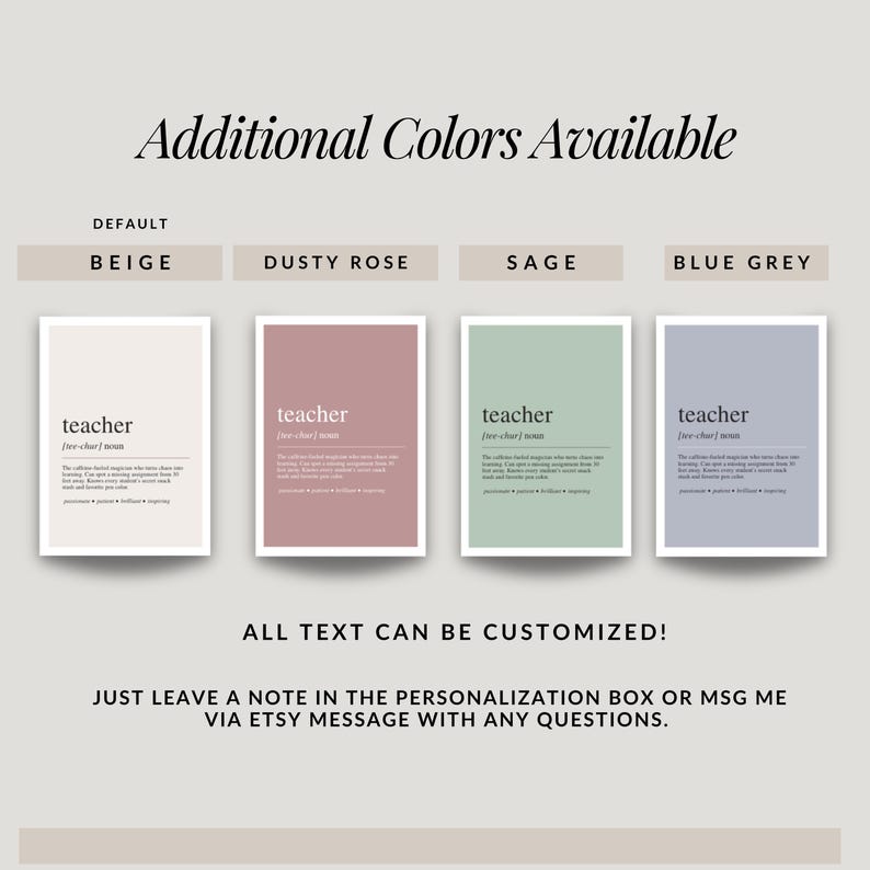 four different colored posters or cards, each with a definition of a teacher. The text on the posters is in a neutral color palette, and the text can be customized.