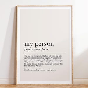 Definizione di "La mia persona", stampa con dizionario, citazione da parete, regalo per il migliore amico, stampa anima gemella, arte sentimentale