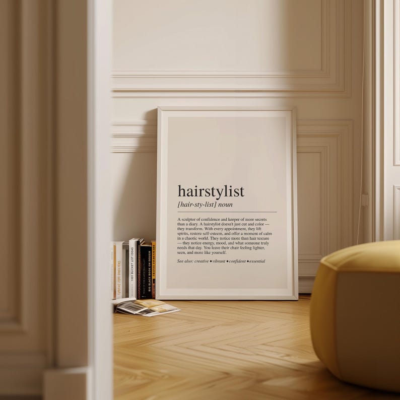 a picture of a hair stylist poster on a wall