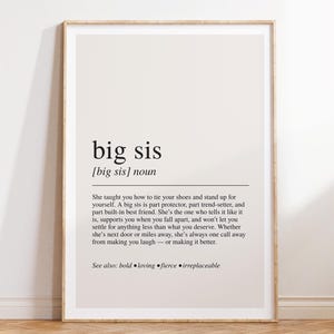 Stampa con la definizione di "Big Sis", poster del dizionario, citazione da parete, regalo per sorelle, regalo per lei, arte murale sentimentale