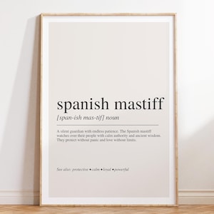 a framed definition of the Spanish mastiff, which is a large, powerful, and intelligent breed of dog known for its protective nature and calm demeanor.