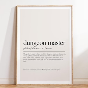 Impresión de la definición de Dungeon Master, regalo de D&D, decoración de juegos de rol, arte mural de RPG