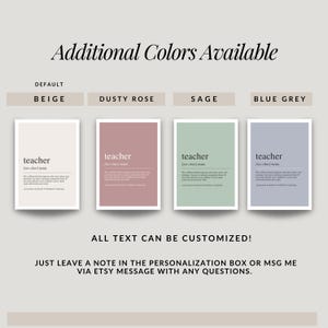 four different colored posters or cards, each with a definition of a teacher. The text on the posters is in a neutral color palette, and the text can be customized.