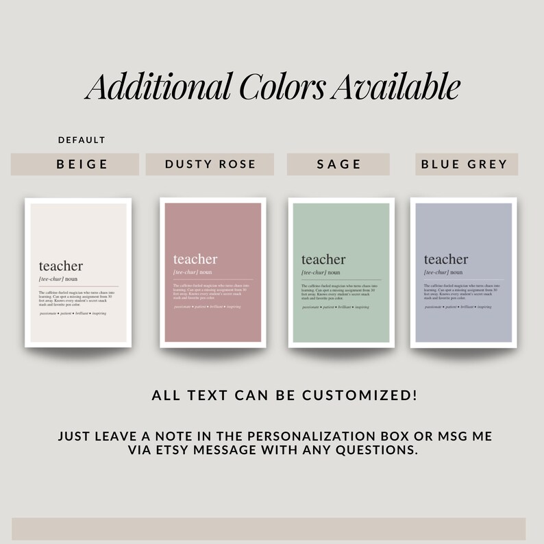 four different colored posters or cards, each with a definition of a teacher. The text on the posters is in a neutral color palette, and the text can be customized.