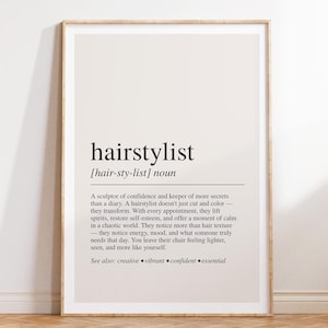 a white framed poster with the words hairstylist on it
