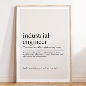 Puede incluir: Un cuadro decorativo con una definición estilo diccionario del término ingeniero industrial. El texto está impreso en negro sobre un fondo beige claro, incluyendo la pronunciación fonética, una etiqueta de sustantivo y una definición descriptiva.