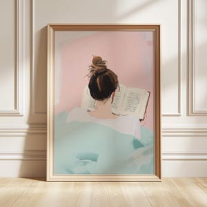 Woman Reading in Bed Art Print, Minimalist Pastel Portrait, Cozy Gouache Wall Decor, Book Lover Print