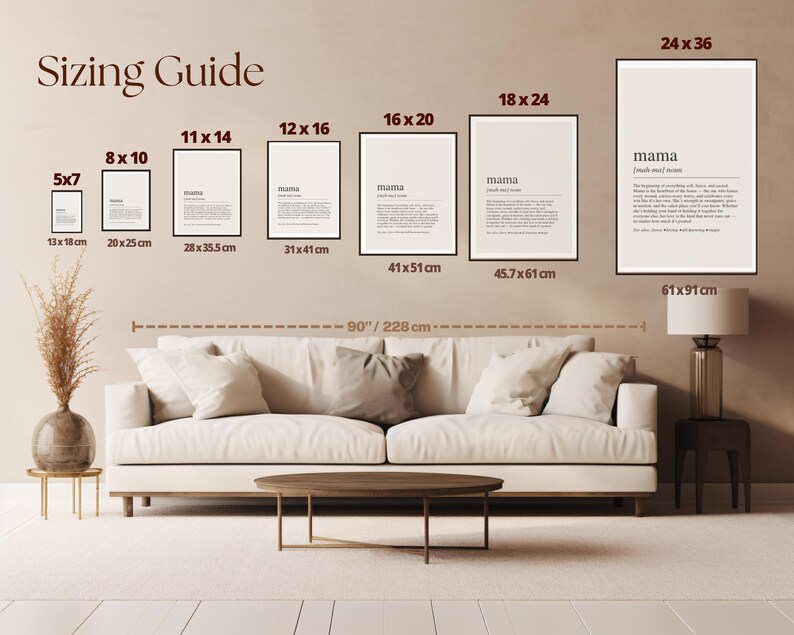 The image is a wall with a series of framed artworks and a sofa, providing a sizing guide for wall art.