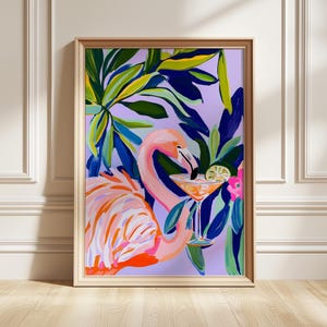 Tropischer Flamingo-Cocktail-Kunstdruck, bunte Palmen-Wanddekoration, wunderliche Sommer-Illustration