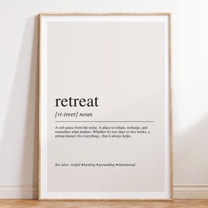 Retreat Definition Print, Minimal Typography Poster, Wellness Wall Art, Tranquil Home Decor
