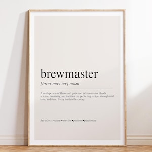 Impressão com a definição de mestre cervejeiro, arte de parede sobre cerveja artesanal, pôster com tipografia moderna.