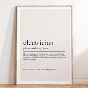 Impression de définition d'électricien, art mural spécialisé, affiche de typographie moderne
