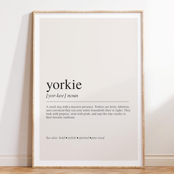 Lámina con la definición de Yorkie, regalo para amantes de los Yorkies, arte de pared para amantes de los perros, decoración de Yorkshire Terrier