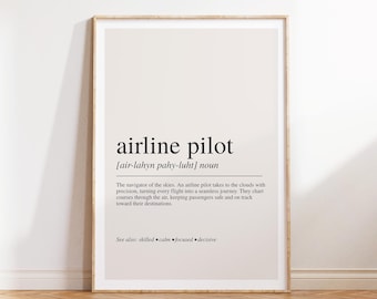 Impresión de definición de piloto de aerolínea, arte mural de carrera de aviación para entusiastas y profesionales de la aviación.