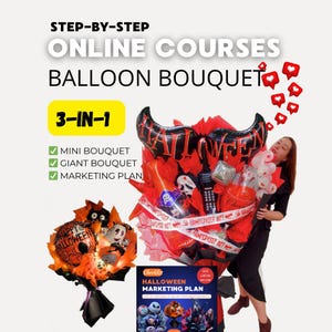 Puede incluir: Imagen de un ramo de globos con temática de Halloween con un globo en forma de cuernos de diablo. El ramo incluye un mini y un ramo gigante, y un plan de marketing. El texto en los globos dice "HALLOWEEN".