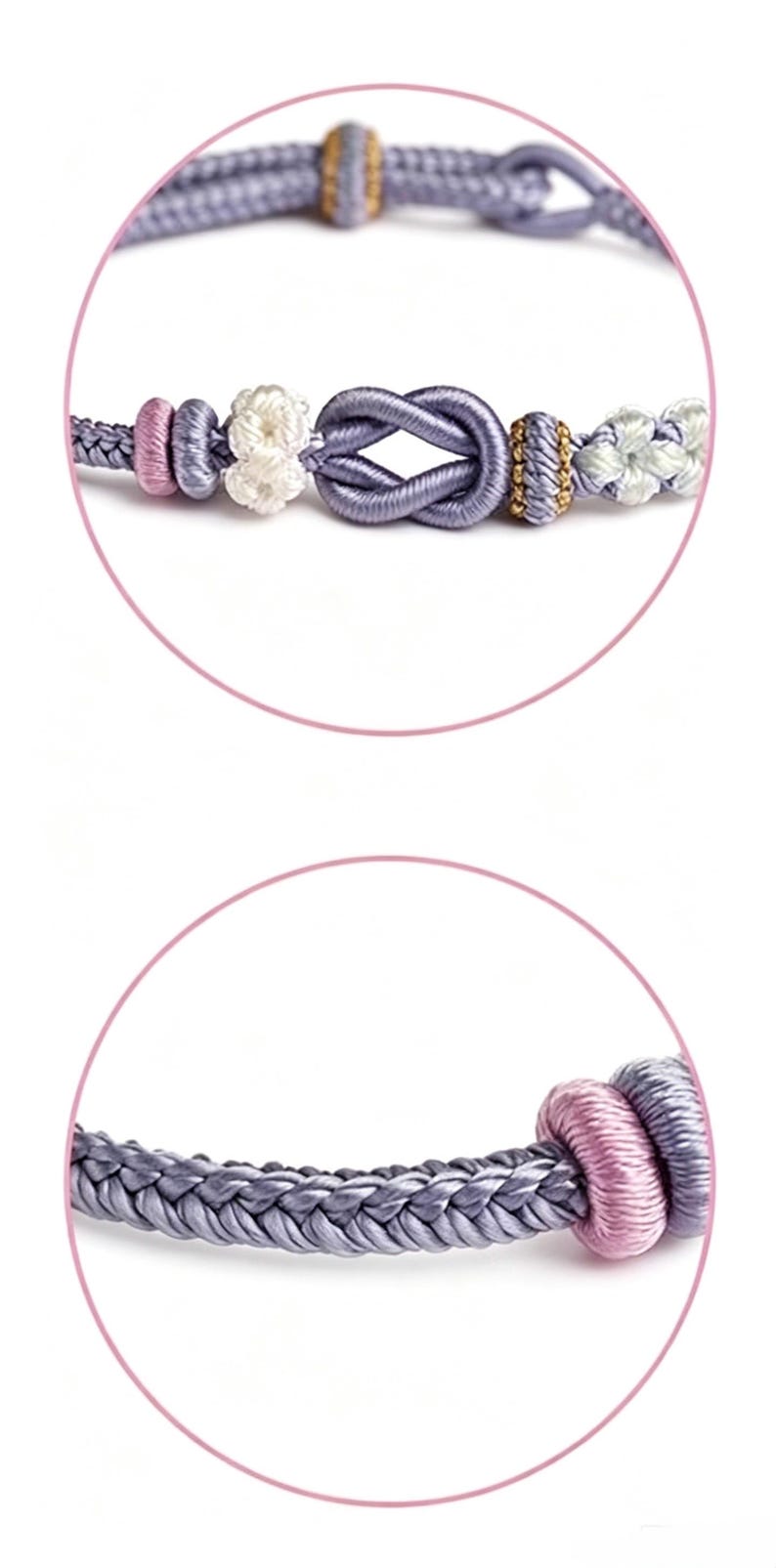 May include: A lavender cord bracelet featuring a central infinity knot, accented with small white floral-shaped knots, pink cylindrical beads, and a gold-toned textured bead. The cord is constructed from a braided lavender thread material.