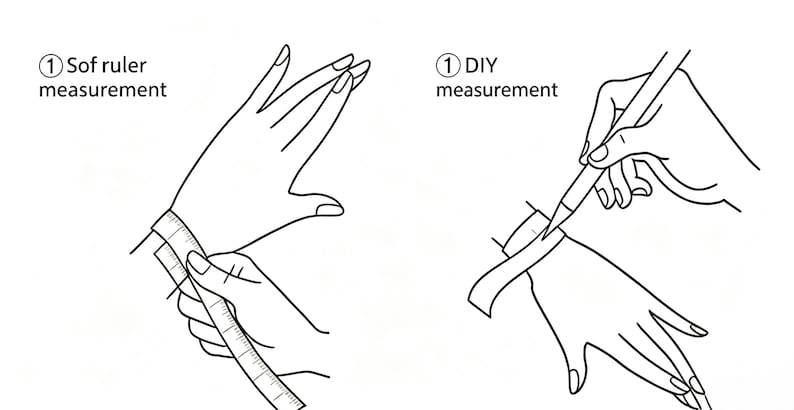 May include: A black and white line drawing illustration showing two methods for measuring a wrist. The left side shows a soft ruler measurement, and the right side shows a DIY measurement using a strip of paper and a pencil to mark the length.